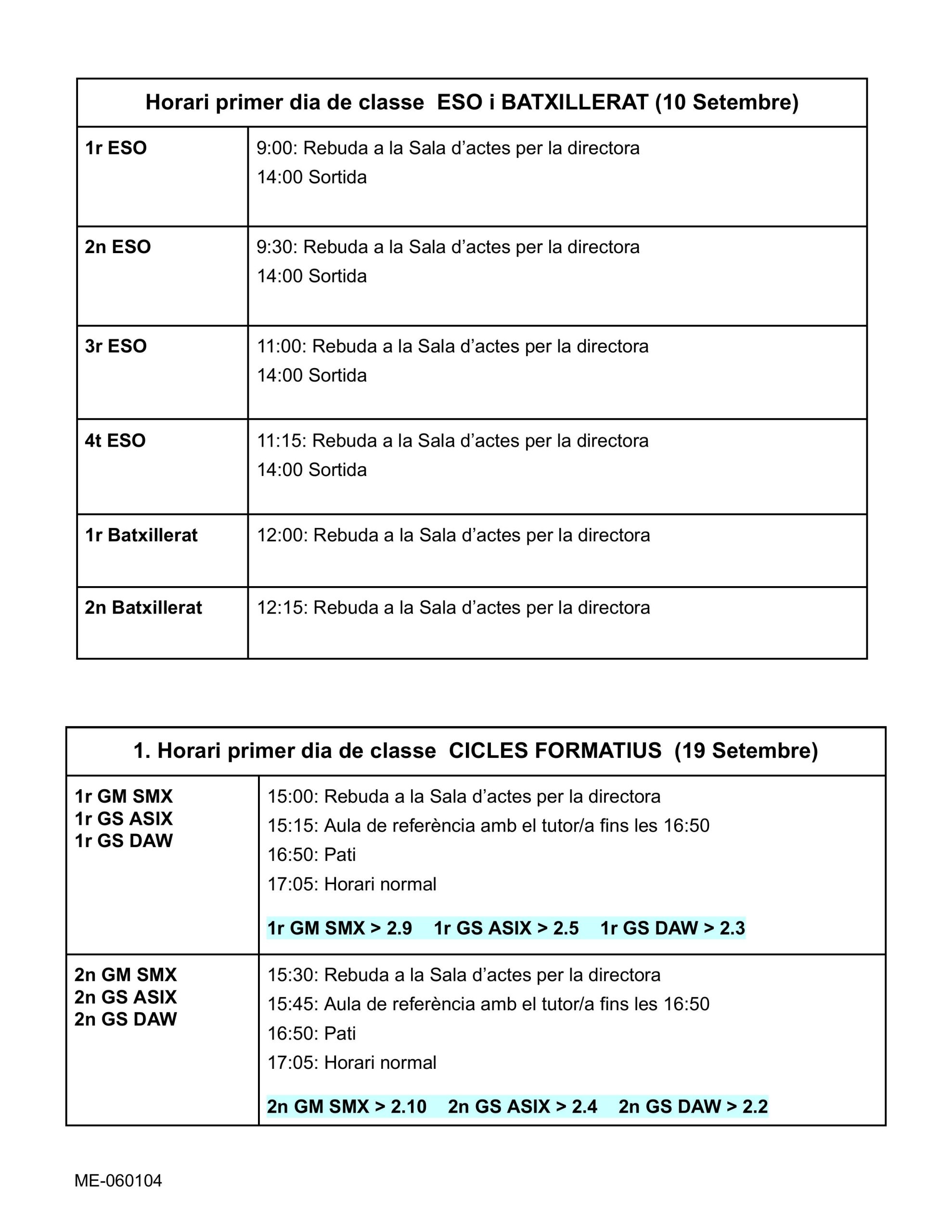 Horari 1r dia de classe